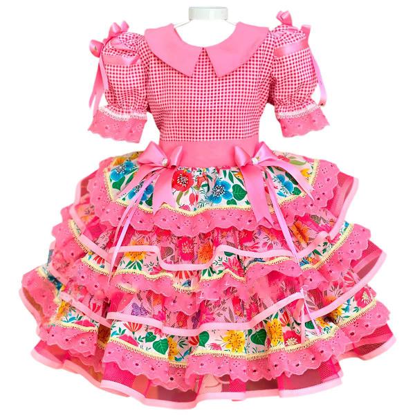 Imagem de Vestido Infantil de Festa Junina Rosa Xadrez de e Alta Costura Saia Enorme Rodada Para Meninas Rainha Caipira de 2 a 10 anos