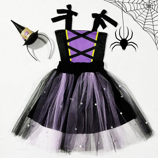 Imagem de Vestido Infantil Fantasia Menina Halloween Bruxa Tiara