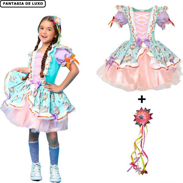 Imagem de Vestido Infantil Festa Junina Super Luxo Roupa Caipira pra Menina Floral Tiffany Com Chapeuzinho de Palha