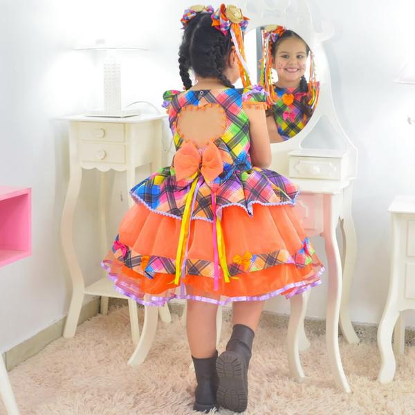 Imagem de Vestido infantil Festa Junina Xadrez Tule Laranja Tom Neon