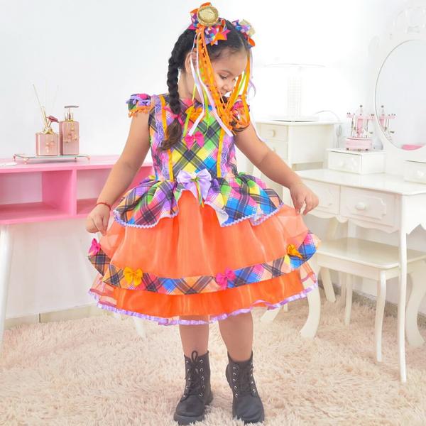 Imagem de Vestido infantil Festa Junina Xadrez Tule Laranja Tom Neon