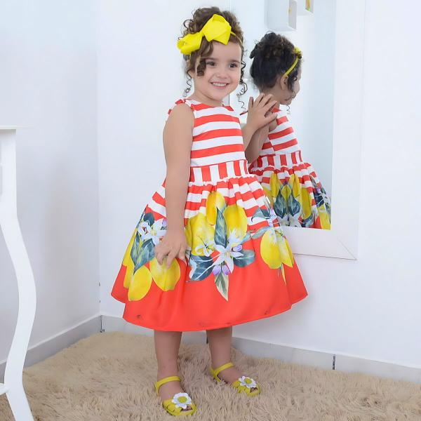 Imagem de Vestido infantil floral laranja com frutas cítricas Limão