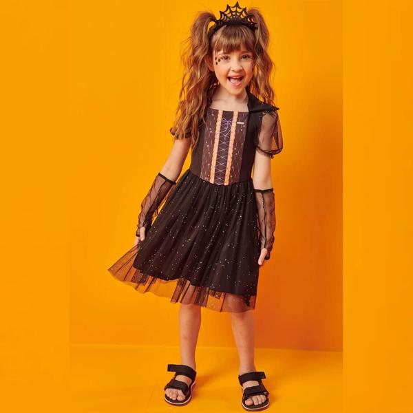 Imagem de Vestido Infantil Menina Verão Fantasia de Bruxa Vampira (Vestido + Arco + Luva) - Kukiê