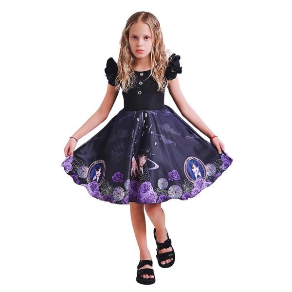 Imagem de Vestido Infantil Wandinha Addams Castelo com flores Halloween