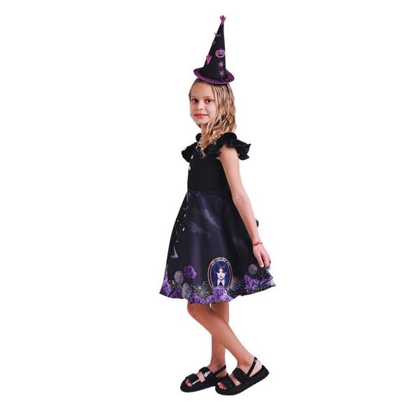 Imagem de Vestido Infantil Wandinha Addams Castelo com flores Halloween