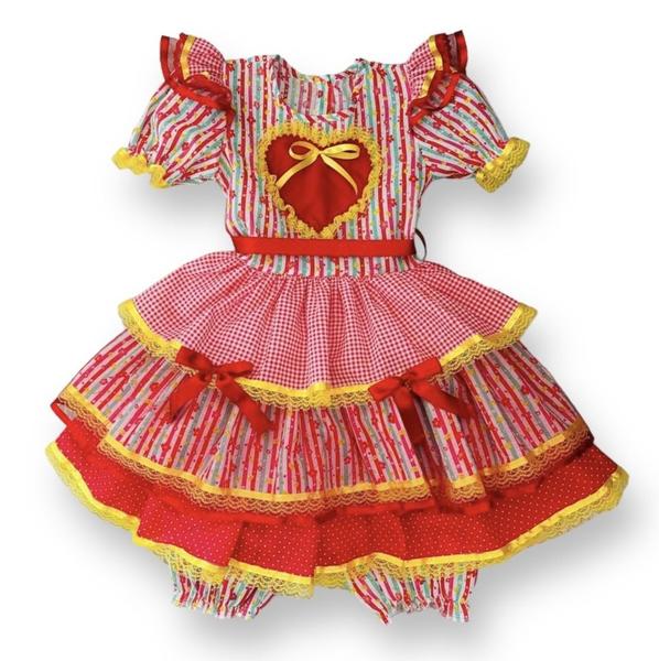 Imagem de Vestido Junino Caipira Rodado Luxo São João Quermesse Festa Quadrilha Menina Fantasia + Shortinho