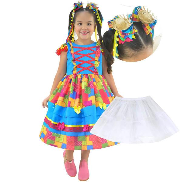 Imagem de Vestido Junino Infantil Azul Efeito Retalho + 2 Laços + Saia Armação