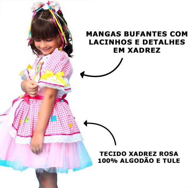 Imagem de Vestido Junino Infantil Xadrez Rosa Com 2 Chapéu Caipira de Luxo pra Menina Dança Escola Quadrilha