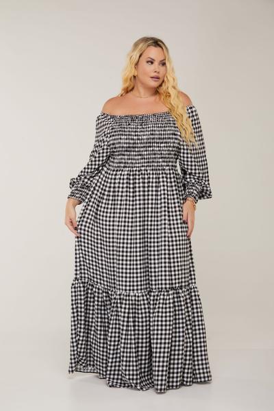 Vestido Longo Xadrez Plus Size Manga 3/4 Meia Estação Moda