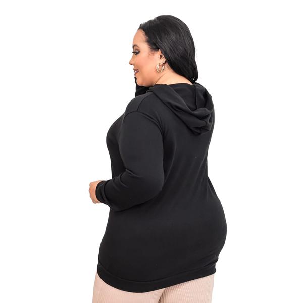 Vestido Manga Longa Moletom Capuz E Punho Na Barra Plus Size