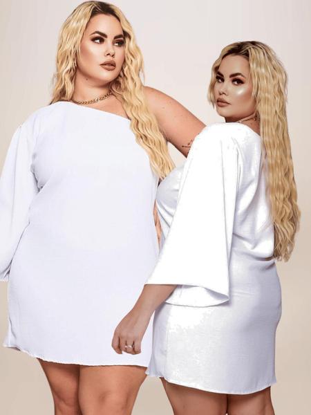 Vestido Plus Size Curto Branco Moda Plus Size Jovial Manga Única