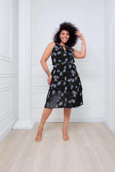 Vestido Plus Size Evasê Chiffon Florido Vestido Plus Size