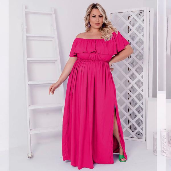 Vestido Plus Size Longo Com Fenda Lateral Moda Feminina Plus Size