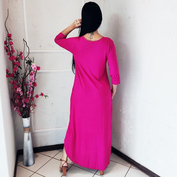 Vestido Plus Size Longo Manga 3/4 Viscolycra Malha com Bolso Pink - Main Image