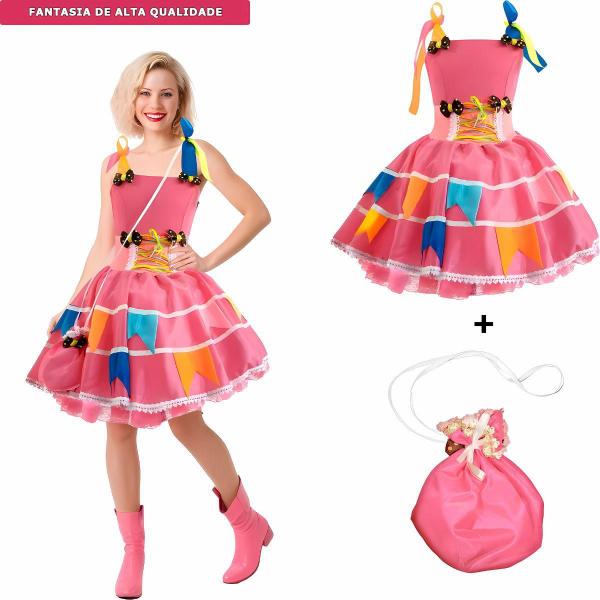 Imagem de Vestido Rosa de Festa Junina pra Mulher Adulta de Luxo Rodado Com Bandeirinhas e Bolsa