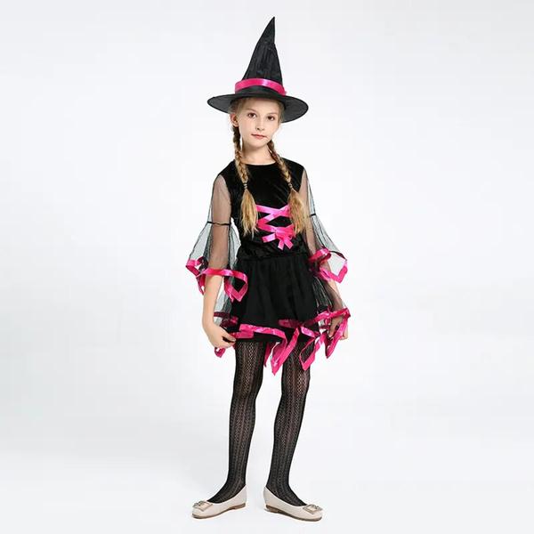 Imagem de Vestido Traje Fantasia Infantil Halloween Dia das Bruxas Bruxinha Rosa e Preto COD.000480