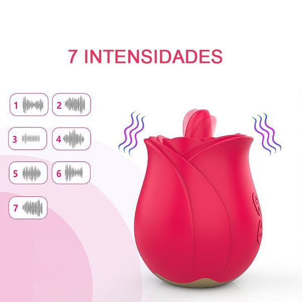 Imagem de Vibrador Estimulador de Clitóris com Língua Formato de Rosa 7 Intensidades em Silicone e Recarregável