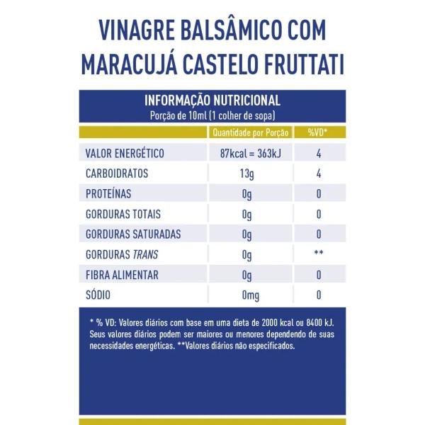 Vinagre Balsâmico com Maracujá Fruttati 5% Castelo 250ml Imagem de Vinagre Balsâmico com Maracujá Fruttati 5% Castelo 250ml