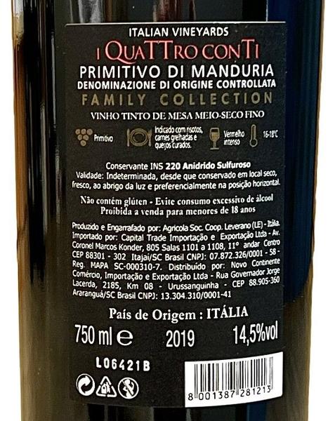 Imagem de Vinho 4 Conti Primitivo di Manduria  Kit com 3 Garrafas  Oferta