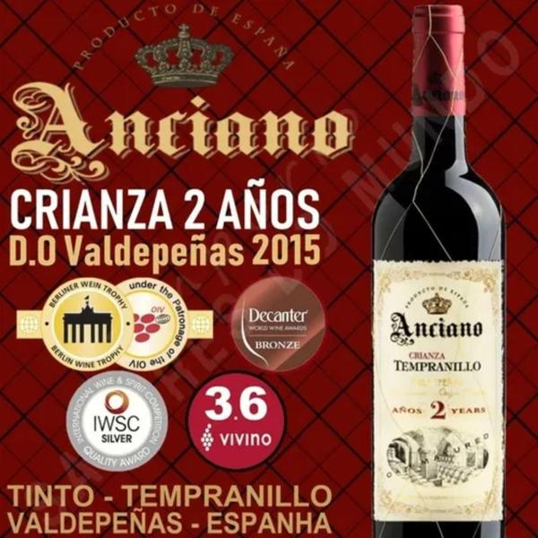 Vinho Anciano Tempranillo Crianza 2 Anos 750ml Imagem de Vinho Anciano Tempranillo Crianza 2 Anos 750ml