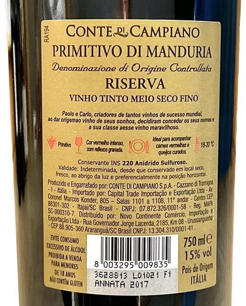 Imagem de Vinho Conte di Campiano Riserva Primitivo di Manduria  Kit com 6 Garrafas  Oferta