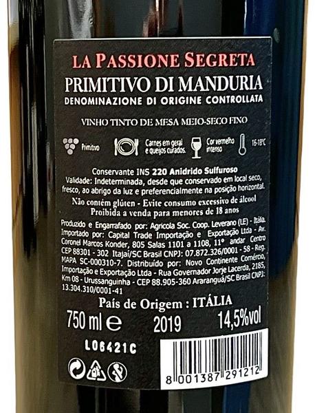 Imagem de Vinho La Passione Segreta Primitivo di Manduria  Kit com 12 Garrafas  Oferta