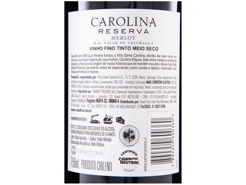 Vinho Tinto Seco Santa Carolina Reserva Merlot Chile 750ml Imagem de Vinho Tinto Seco Santa Carolina Reserva Merlot Chile 750ml