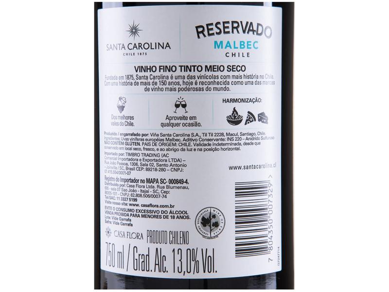 Imagem de Vinho Tinto Seco Santa Carolina Reservado Malbec Chile 750ml