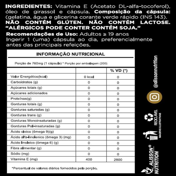 Imagem de Vitamin E 400mg 400UI 200 capsulas softgels - Alisson Nutrition