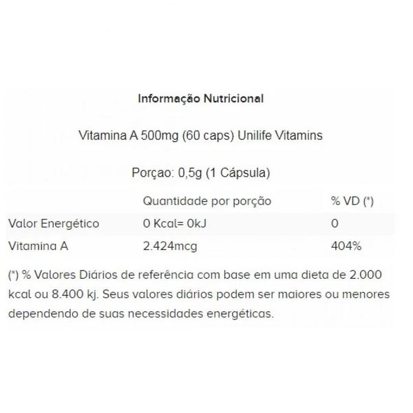 Imagem de Vitamina a 500 Mg 60 Capsulas 8000 Ui Unilife Original