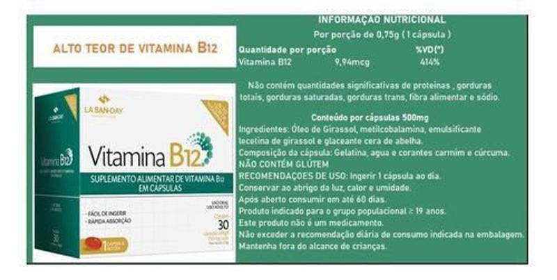 Imagem de Vitamina B12 Com 30 Cápsulas Softgel - La San Day