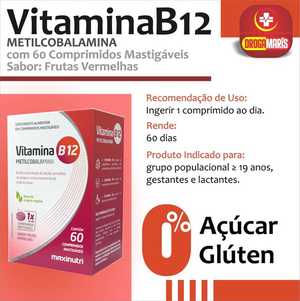 Imagem de Vitamina B12 Metilcobalamina 60 Comprimidos Mastigáveis Maxinutri - sabor Frutas Vermelhas