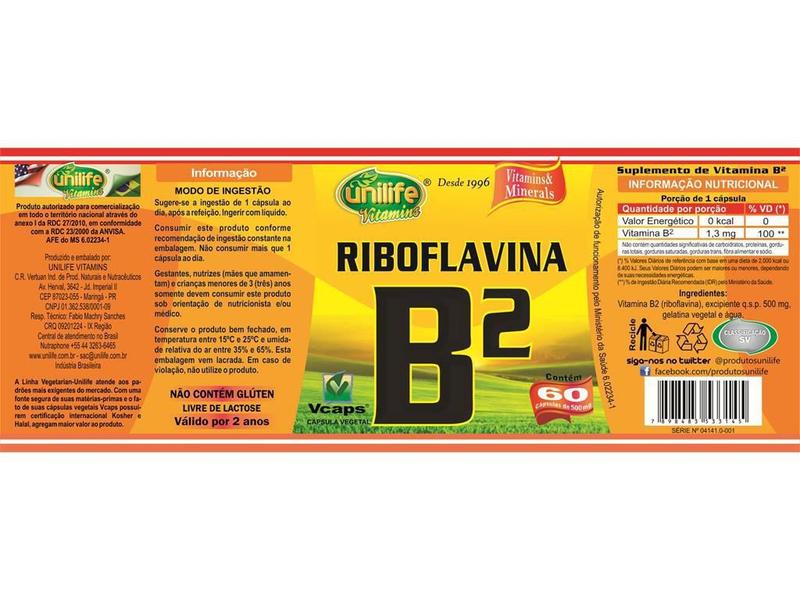 Imagem de Vitamina B2 Riboflavina 60 cápsulas Unilife