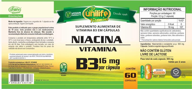 Imagem de VITAMINA B3 NIACINA - 60 Capsulas 500mg UNILIFE