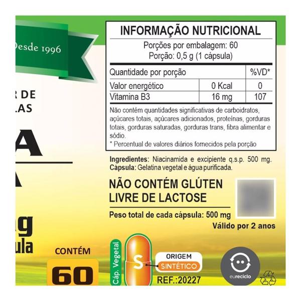 Imagem de Vitamina B3 Niacina Vegana 60 cápsulas de 500mg Kit com 3