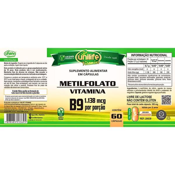 Vitamina B9 Metilfolato Natural Vegano 60 cápsulas 350mg - Unilife Imagem de Vitamina B9 Metilfolato Natural Vegano 60 cápsulas 350mg