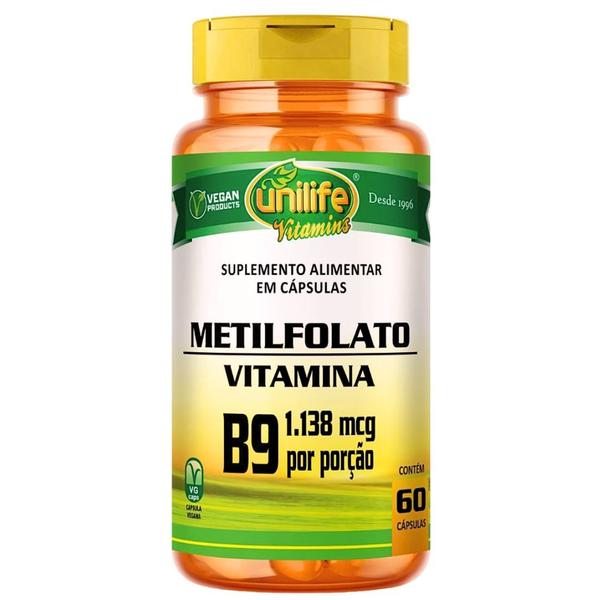 Vitamina B9 Metilfolato Natural Vegano 60 cápsulas 350mg - Unilife Imagem de Vitamina B9 Metilfolato Natural Vegano 60 cápsulas 350mg