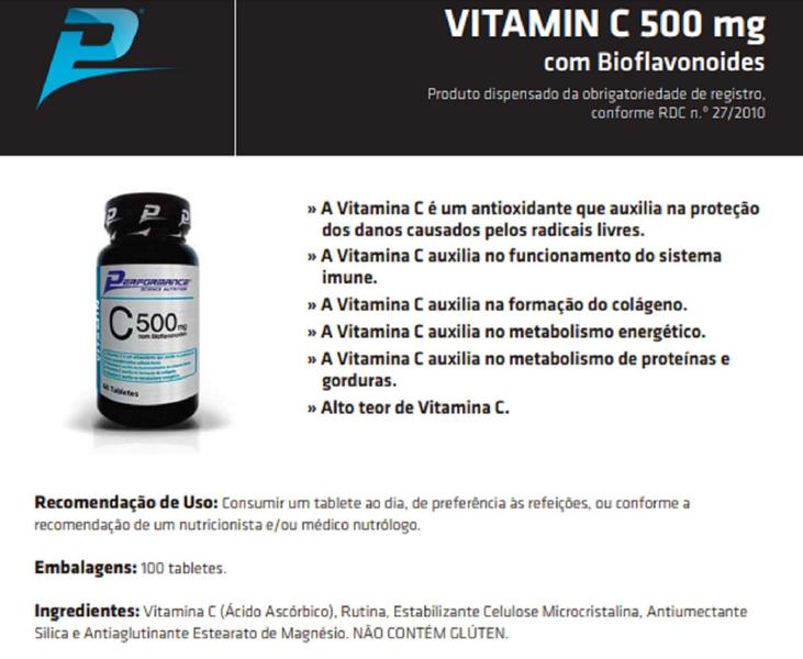 Imagem de Vitamina C 500 mg e Bioflavanóides 0,6 mg Performance Nutrition 100 Tabletes.