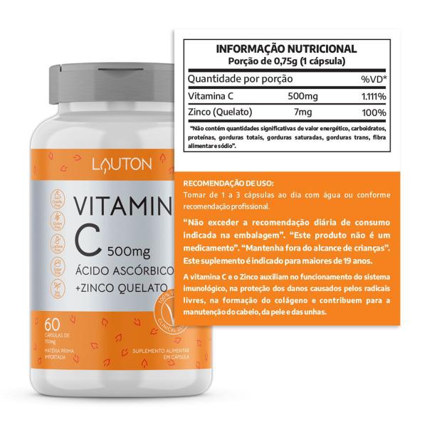 Imagem de Vitamina C 500mg + Zinco Quelato Vegano 60 caps Lauton - Kit 3