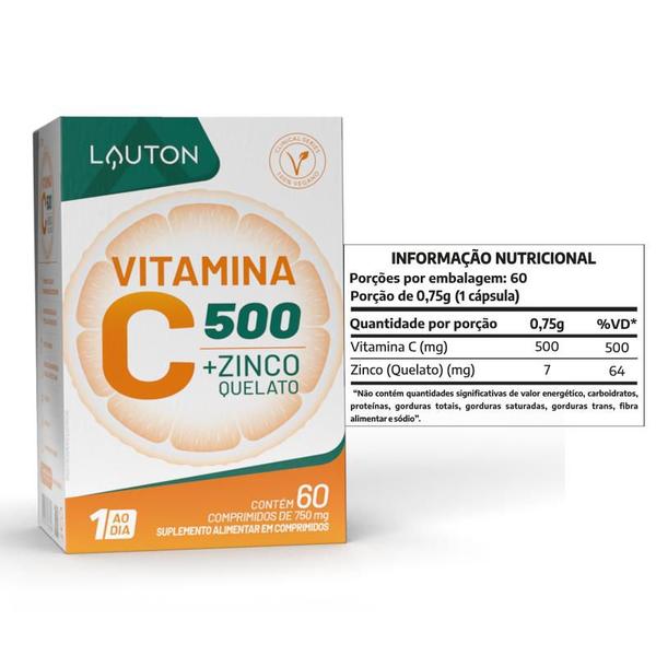 VITAMINA C + ZINCO QUELATO 500mg 60 COMPRIMIDOS (1 AO DIA) - LAUTON Imagem de VITAMINA C + ZINCO QUELATO 500mg 60 COMPRIMIDOS (1 AO DIA)