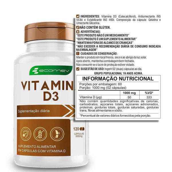 Imagem de Vitamina D3 500mg Pura Concentrada 120 Cápsulas Ecomev