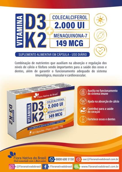 Imagem de VITAMINAS K2 Menaquinona + D3 Colecalciferol  D3 + K2 30CAPS (2000UI D3 e 149MCG K2)