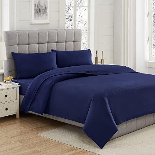 Imagem de Viviland Plush Micro Fleece Queen Bed Sheet Set - Lençóis de Veludo de Veludo Polar Suave - Lençóis de Flanela de Inverno Extra Quente com Bolso Profundo - Marinha - Queen