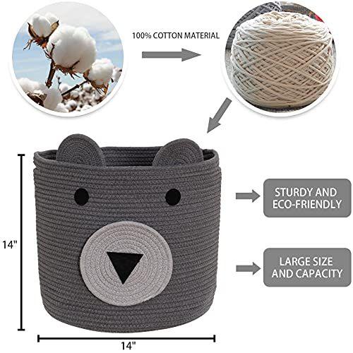 Imagem de VK Living Cotton Rope Bear Animal Basket dobrável grande cesta de armazenamento tecida berçário bebê bonito cesto de lavanderia para brinquedos, cobertor, roupas na sala de estar do quarto grandes cestas 14x14 cinza