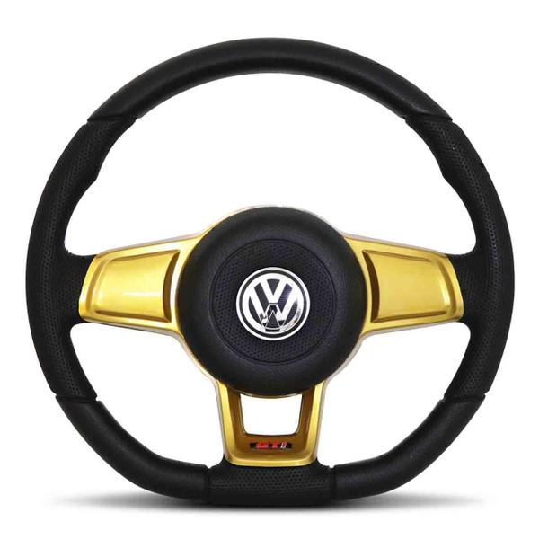 Imagem de Volante Esportivo Universal Sem Cubo Base Reta Dourado Modelo Golf GTI MK7