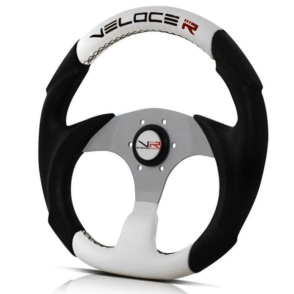 Imagem de Volante Esportivo Veloce Racing Prata e Branco Sem Cubo Acessórios Automotivo Fusca Buggy Gol VW MAG