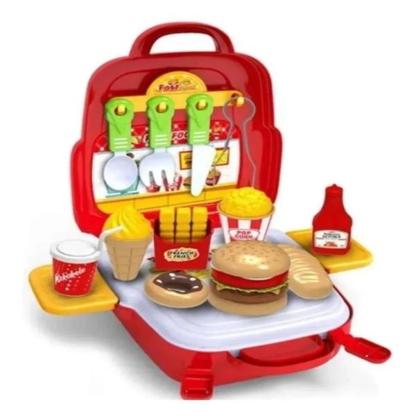 Imagem de Voltar Brinquedo Faz Conta Kit Maleta Fast Food 3 Em 1 Mala/mochila