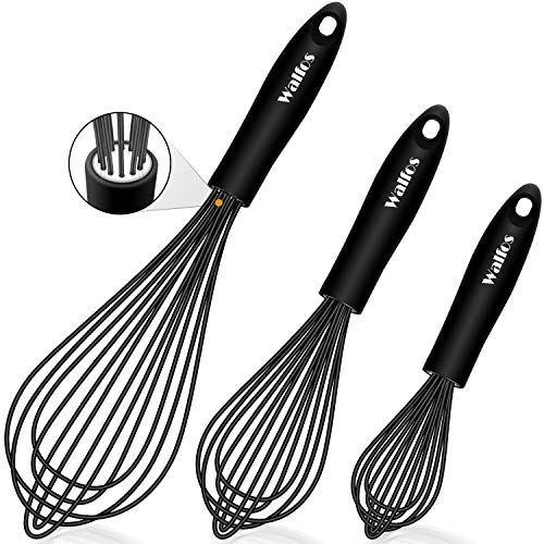 Imagem de Walfos Silicone Whisk, Conjunto de batedor de aço inoxidável de 3 -Batedores de cozinha resistentes ao calor para panelas antiaderente, batedor de ovo de balão perfeito para misturar, bater, bater, espumar e agitar, preto