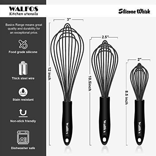 Imagem de Walfos Silicone Whisk, Conjunto de batedor de aço inoxidável de 3 -Batedores de cozinha resistentes ao calor para panelas antiaderente, batedor de ovo de balão perfeito para misturar, bater, bater, espumar e agitar, preto