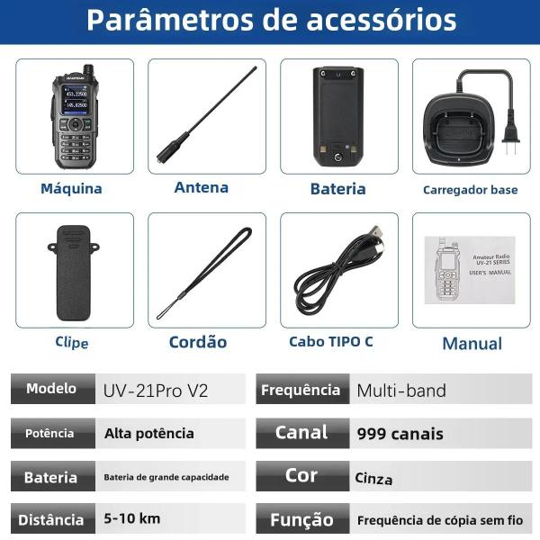 Imagem de Walkie Talkie Baofeng UV-21 Pro V2 à Prova d'Água - Rádio Bidirecional Multibanda com Carregamento Tipo C